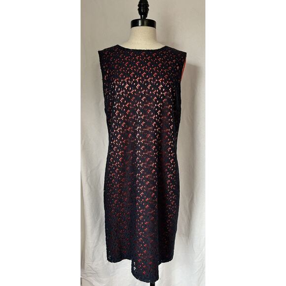 Tahari Petite Navy Overlay Orange Cotton Dress Womens 14P - Picture 1 of 6